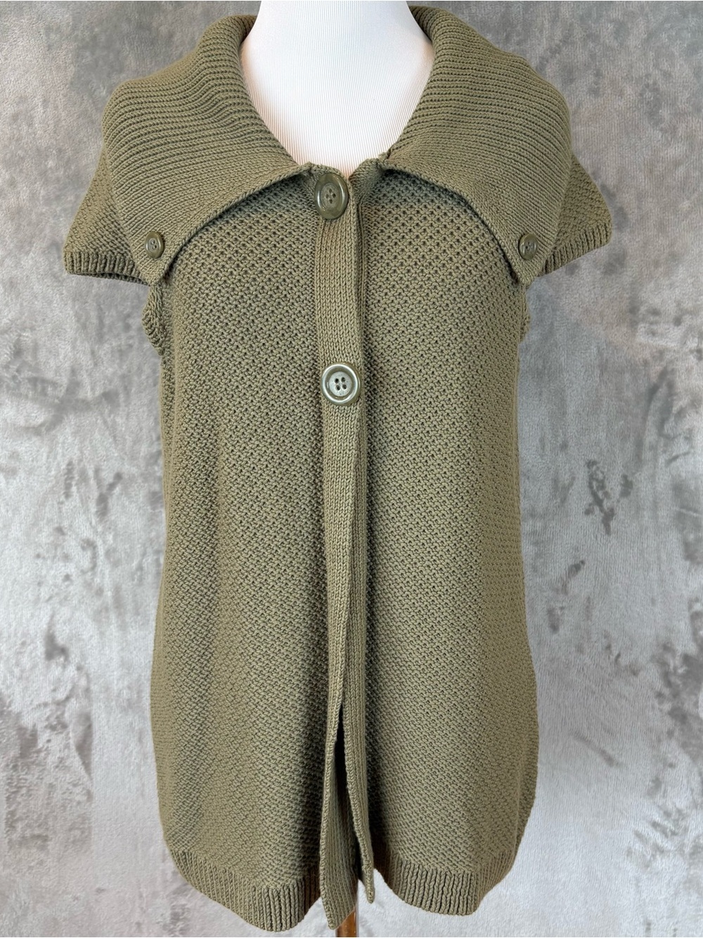 Christopher & Banks Olive Chunky-Knit Button-Up Cap Sleeve Cardigan Wmn’s L